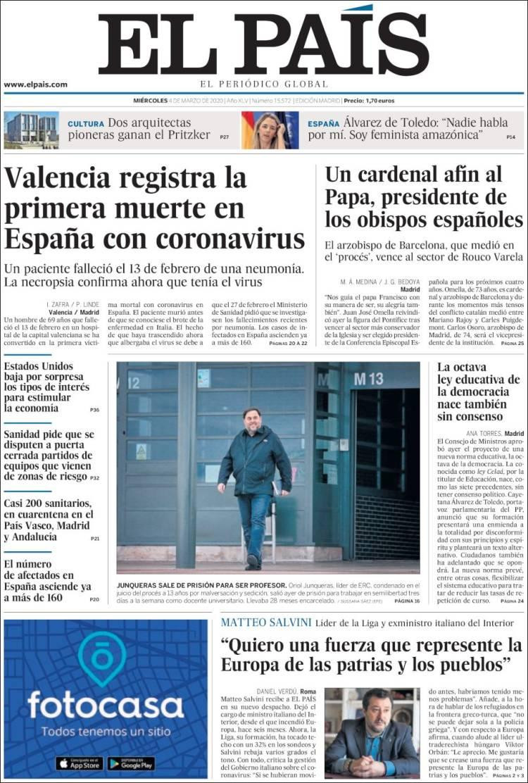 Tapas de diarios, El Pais de España, miércoles 4 de marzo de 2020