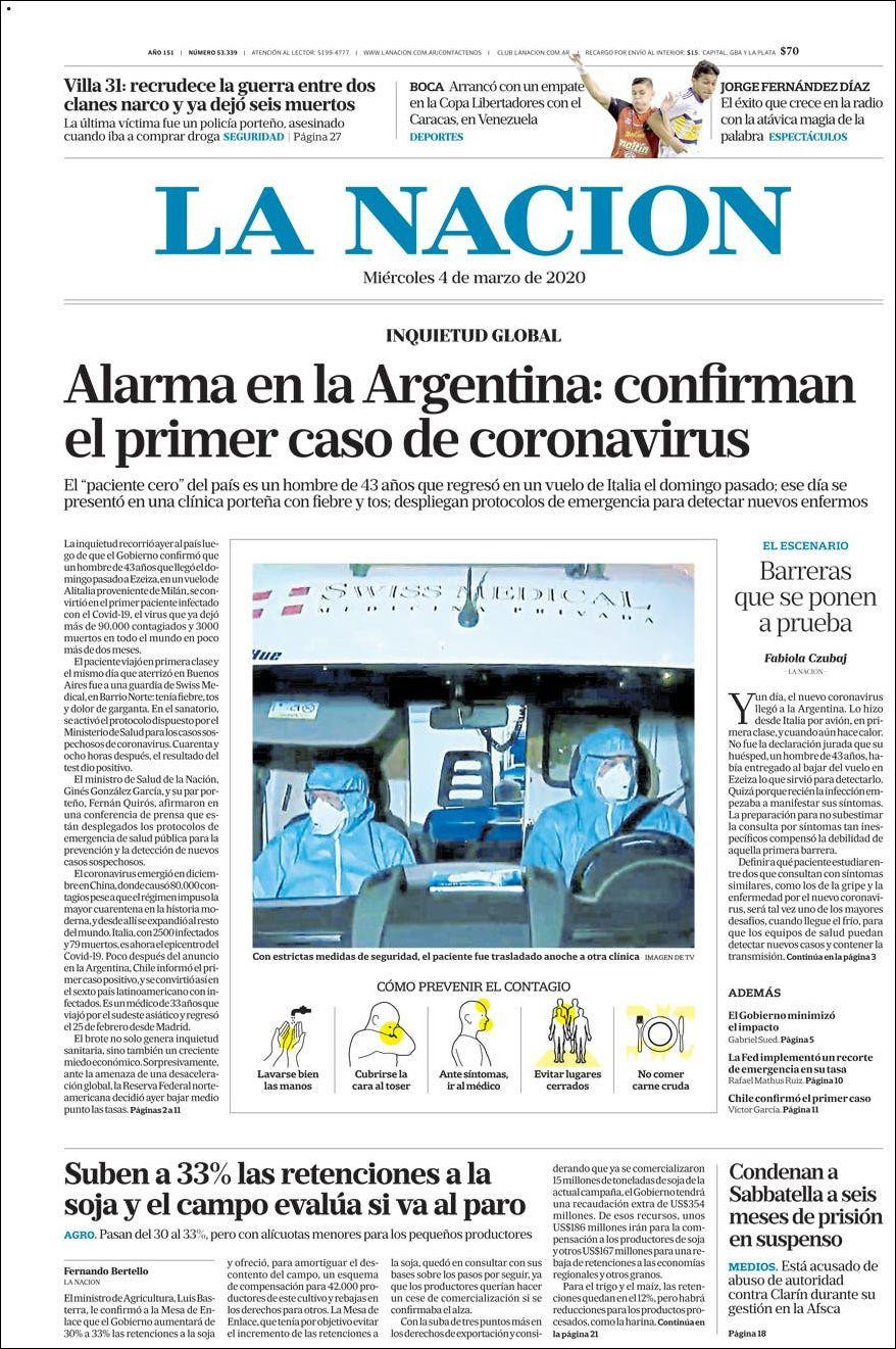 Tapas de diarios, La Nación, miércoles 4 de marzo de 2020