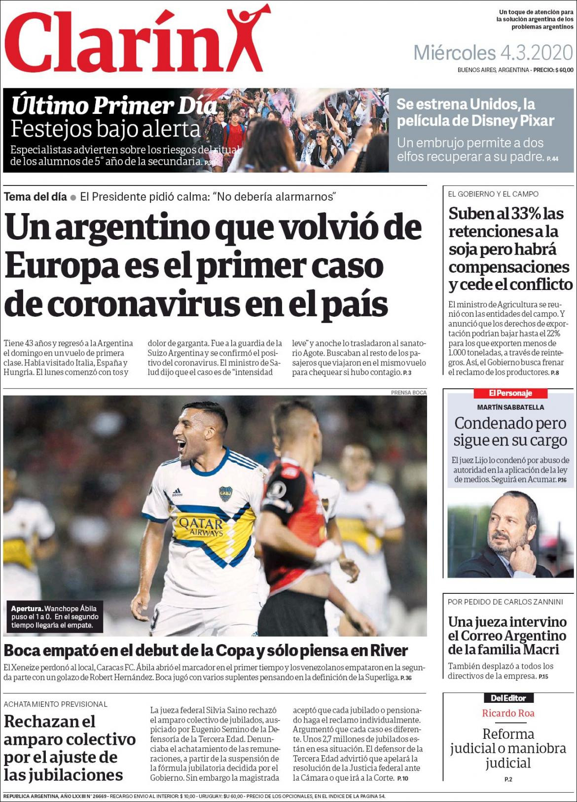 Tapas de diarios, Clarin, miércoles 4 de marzo de 2020