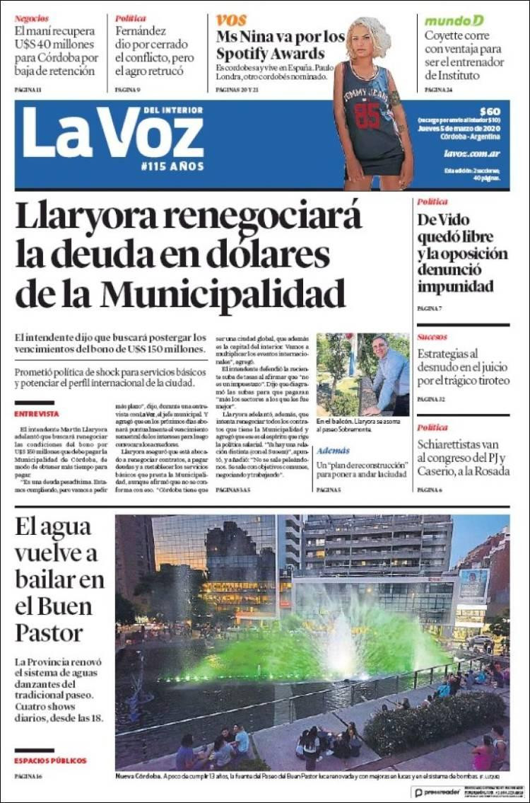 Tapa de diarios, La Voz, Jueves 5 de marzo de 2020