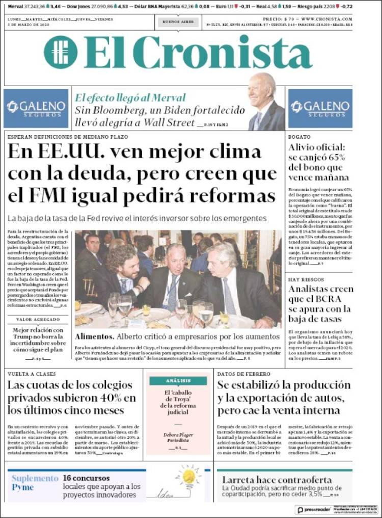 Tapa de diarios, El Cronista, Jueves 5 de marzo de 2020