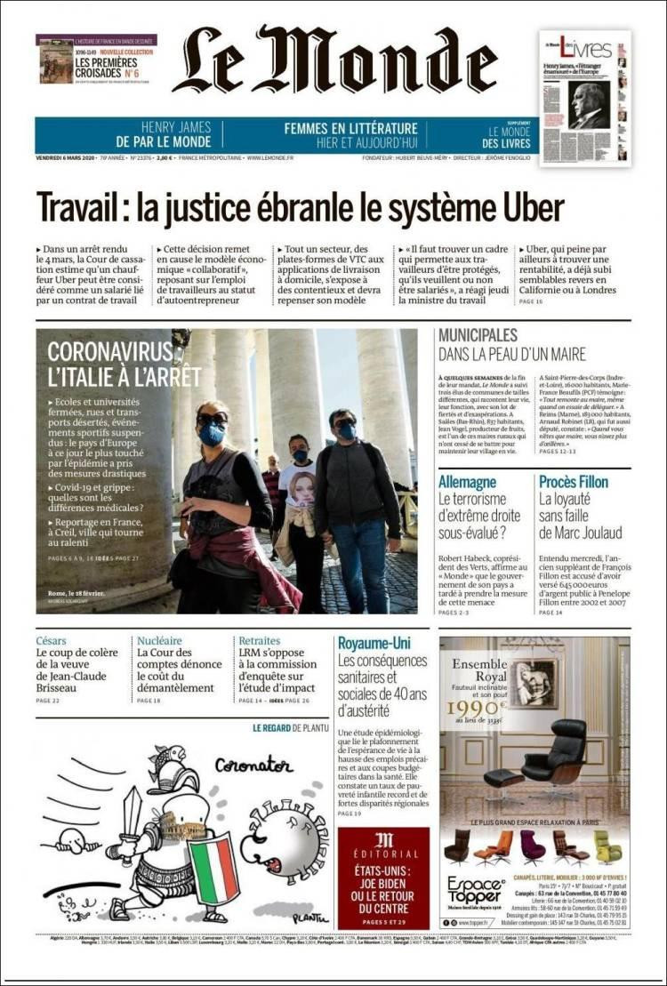 Tapa de diarios, Le Monde, viernes 6 de marzo de 2020