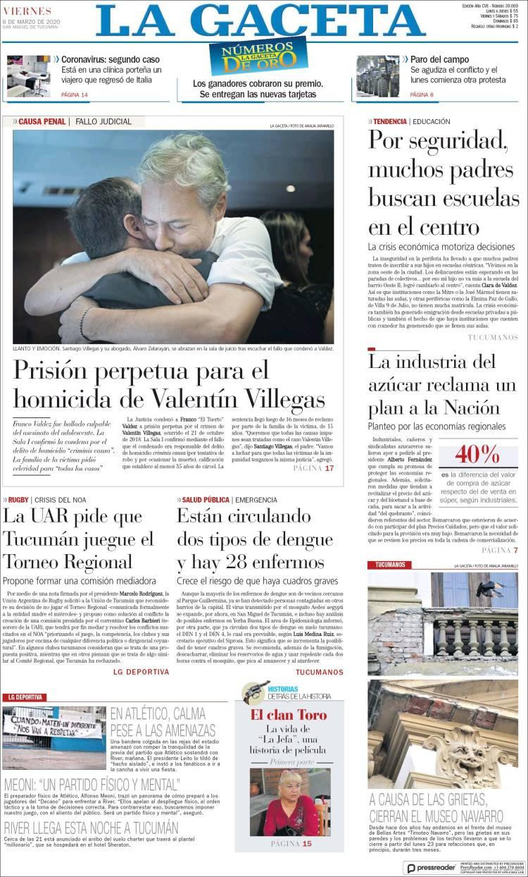 Tapa de diarios, La Gaceta, viernes 6 de marzo de 2020