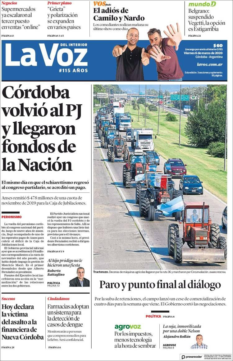 Tapa de diarios, La Voz, viernes 6 de marzo de 2020