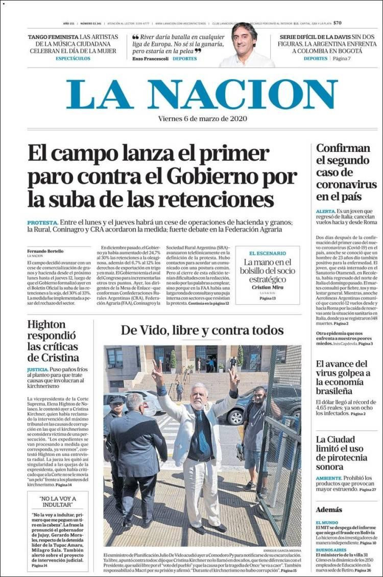 Tapa de diarios, La Nación, viernes 6 de marzo de 2020