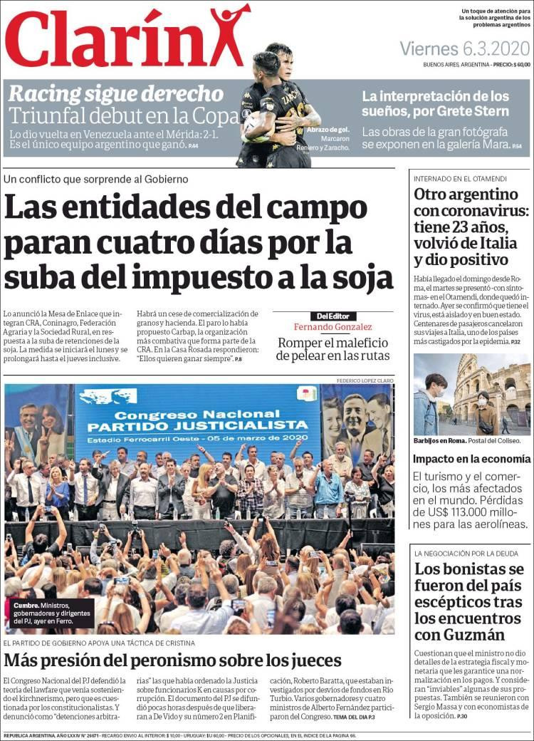 Tapa de diarios, Clarín, viernes 6 de marzo de 2020