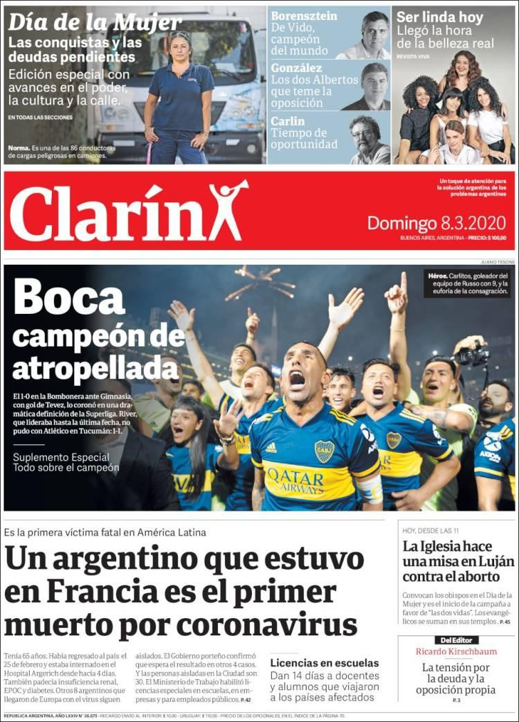 Tapas de diarios, Clarín, domingo 8 de marzo de 2020