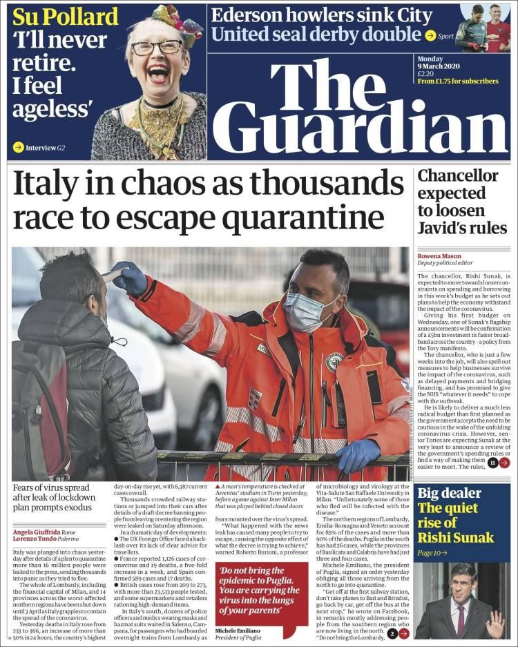 Tapa diarios, Guardian, Lunes 9 de marzo de 2020