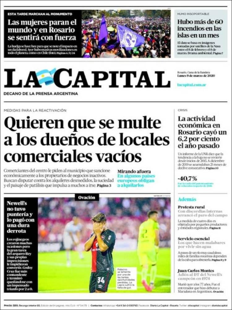 Tapa diarios, La Capital, Lunes 9 de marzo de 2020