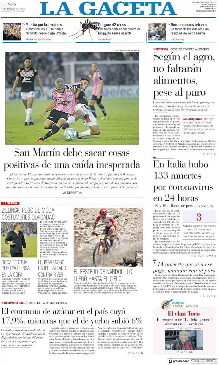 Tapa diarios, La Gaceta, Lunes 9 de marzo de 2020