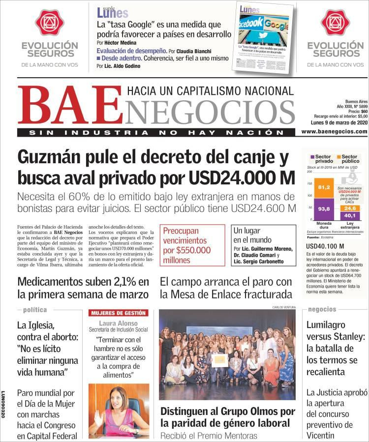 Tapa diarios, BAE, Lunes 9 de marzo de 2020