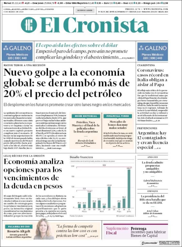 Tapa diarios, El Cronista, Lunes 9 de marzo de 2020