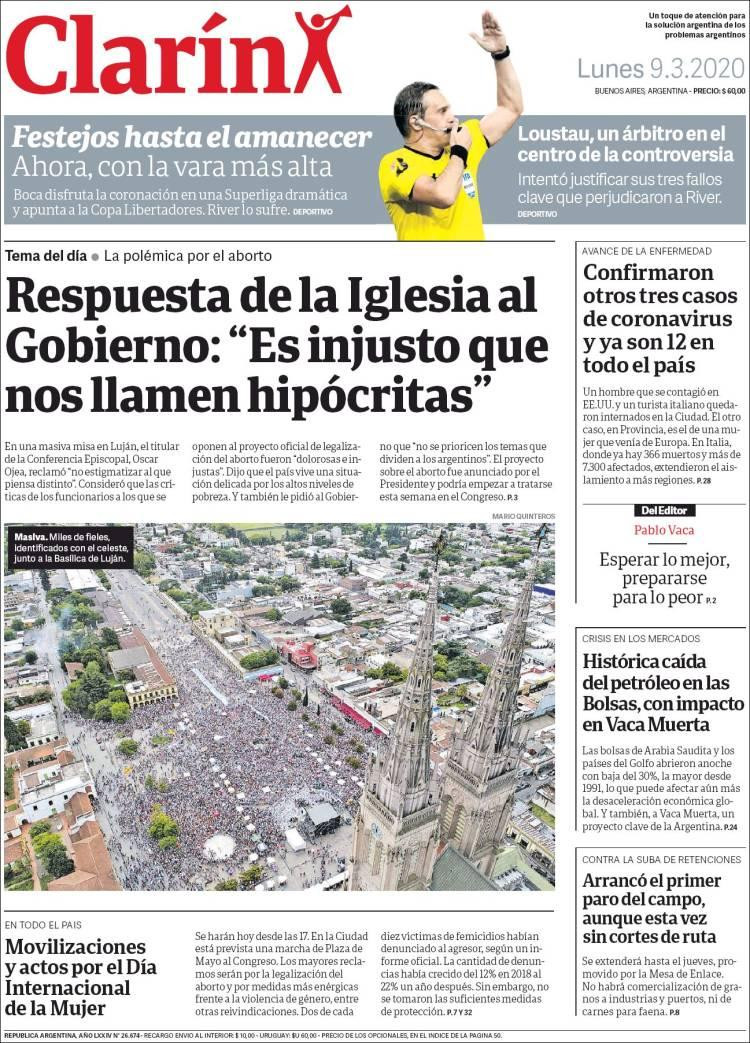 Tapa diarios, Clarín, Lunes 9 de marzo de 2020