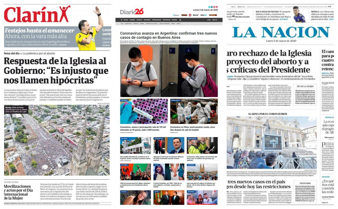 Tapa diarios, Lunes 9 de marzo de 2020