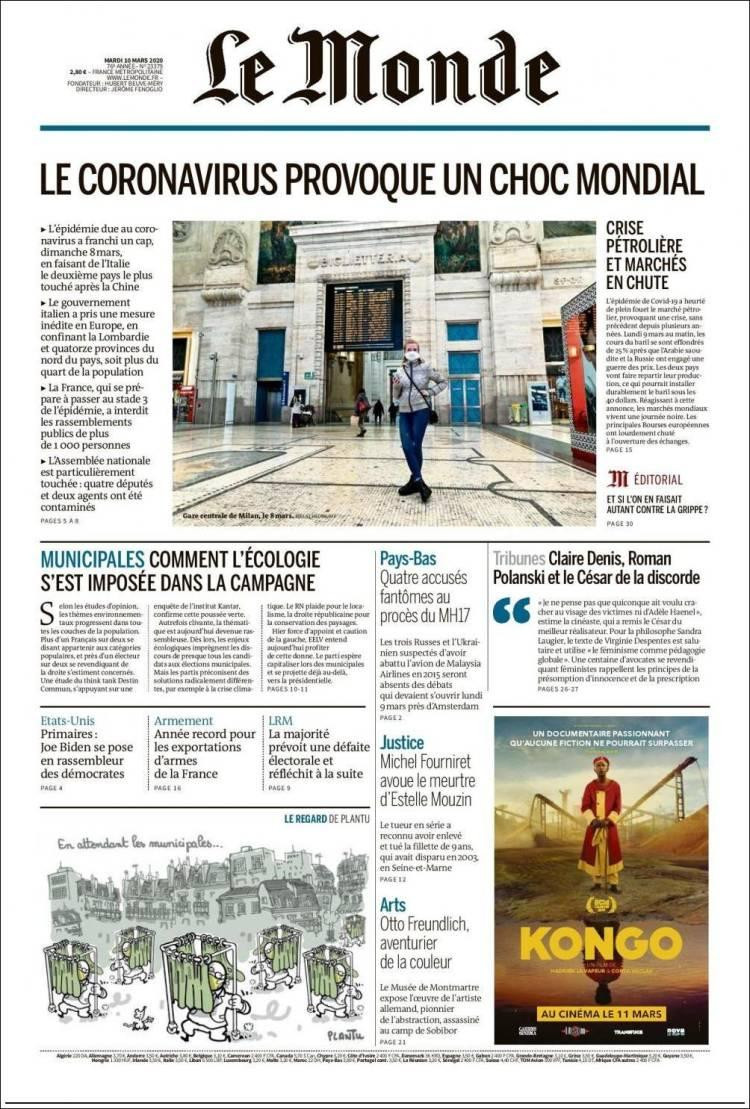 Tapa diarios, Le monde, martes 10 de marzo de 2020