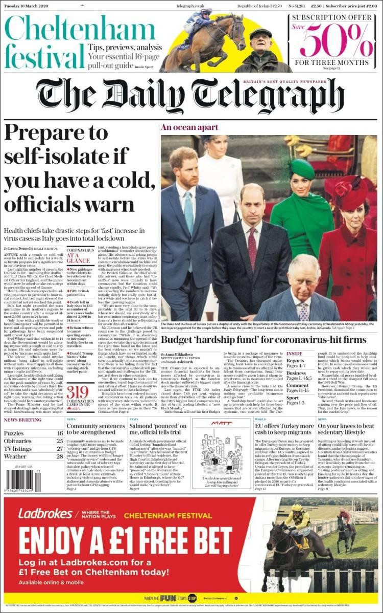 Tapa diarios, Telegraph, martes 10 de marzo de 2020