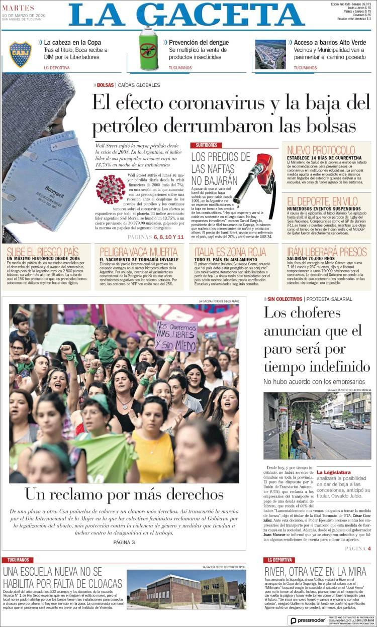 Tapa diarios, La Gaceta, martes 10 de marzo de 2020