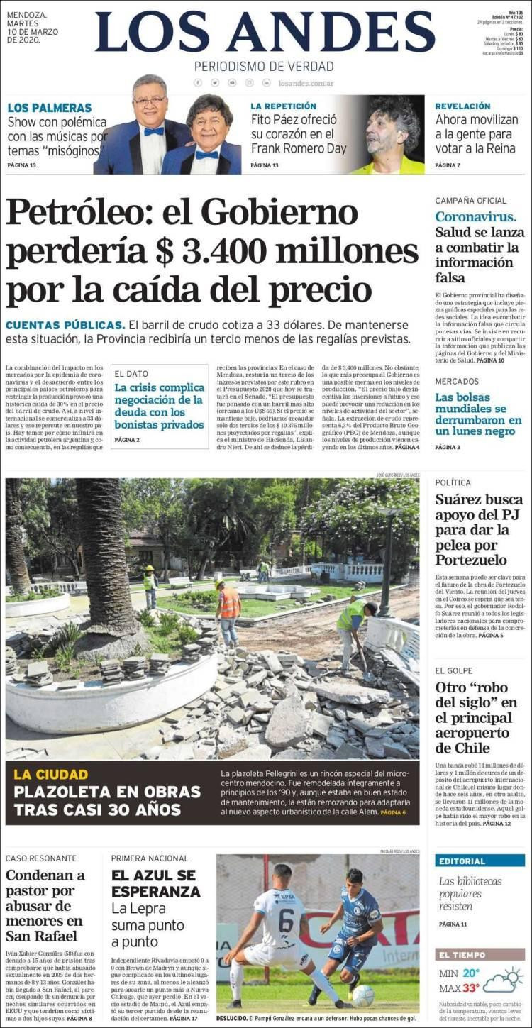 Tapa diarios, Los Andes, martes 10 de marzo de 2020