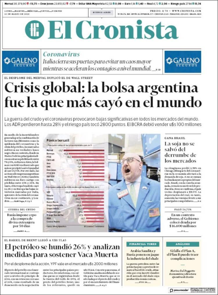 Tapa diarios, Cronista, martes 10 de marzo de 2020