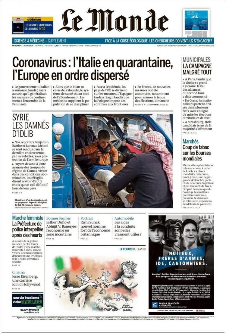 Tapas de diarios, Le Monde, miércoles 11 de marzo de 2020