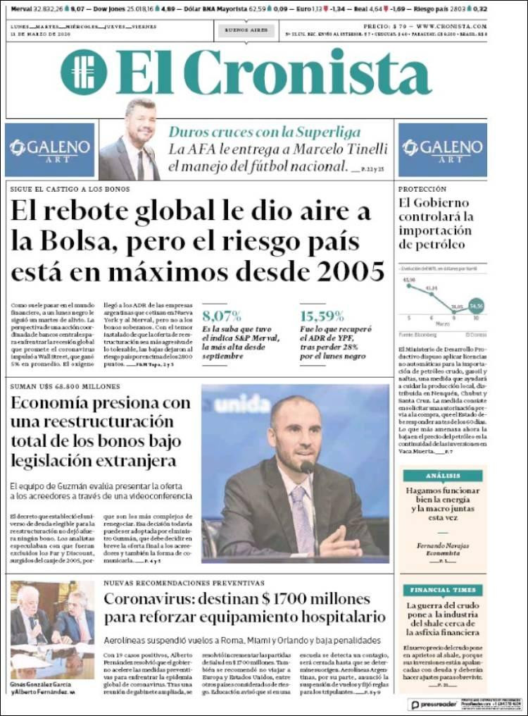 Tapas de diarios, Cronista, miércoles 11 de marzo de 2020