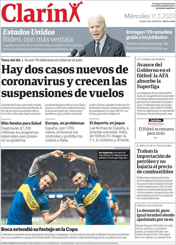 Tapas de diarios, Clarín, miércoles 11 de marzo de 2020