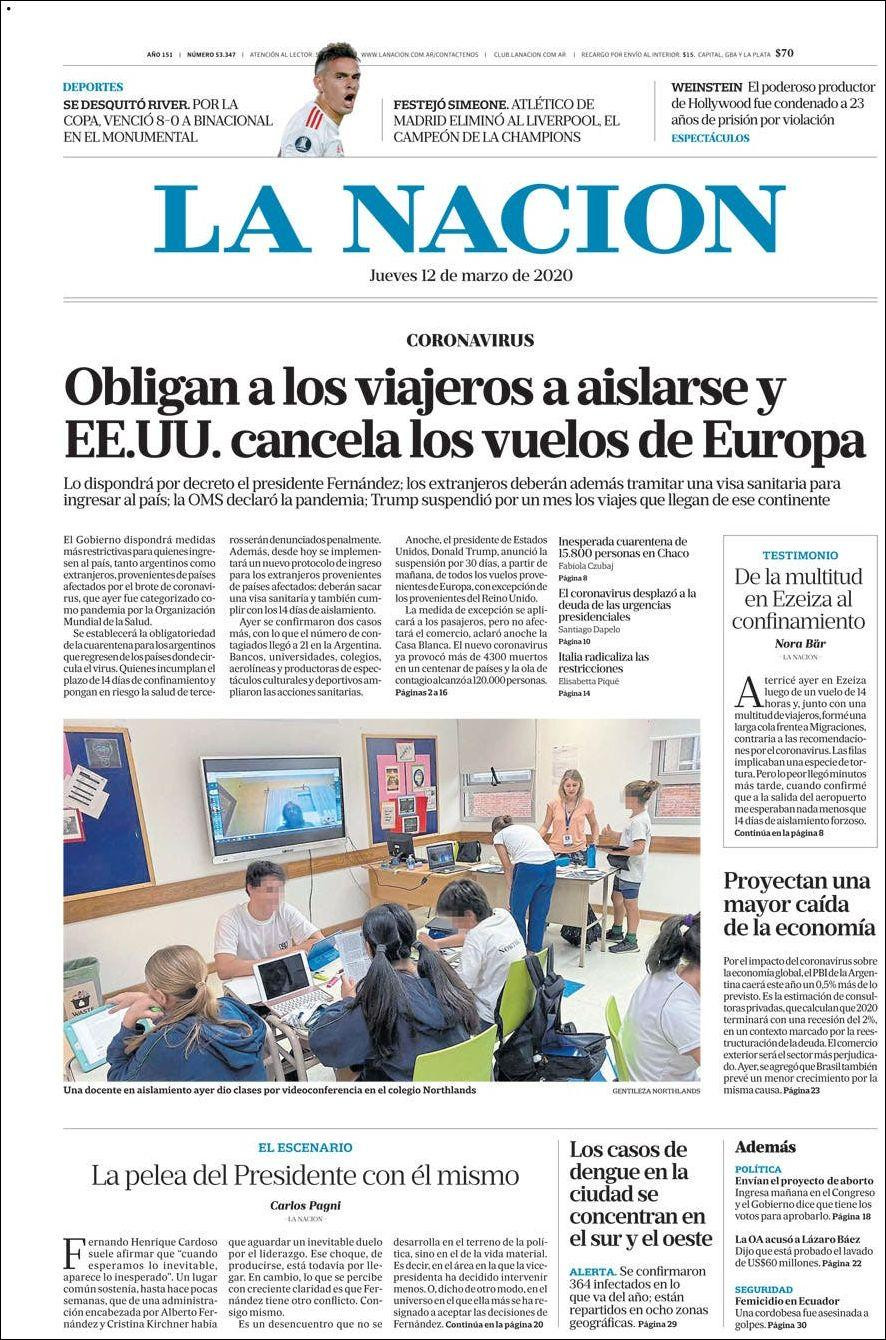 Tapas de diarios, La Nación, jueves 12 de marzo de 2020