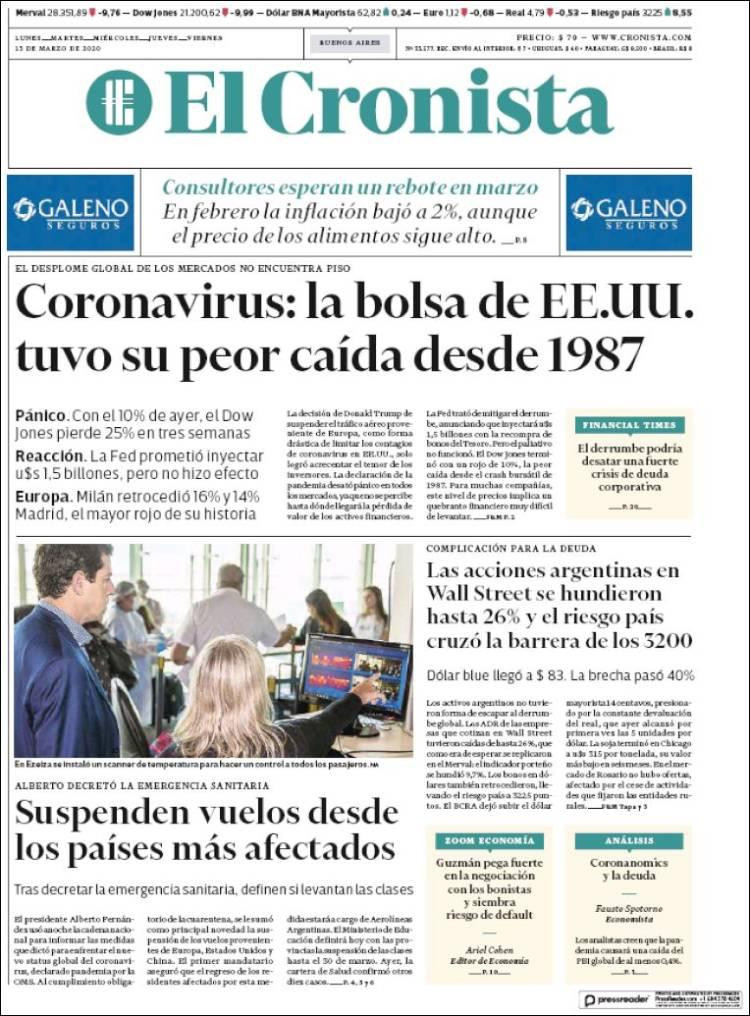 Tapas de diarios, El Cronista, viernes 13 de marzo de 2020