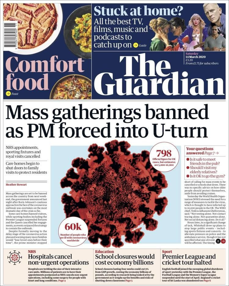 Tapa diarios, Guardian, sábado 14 de marzo de 2020