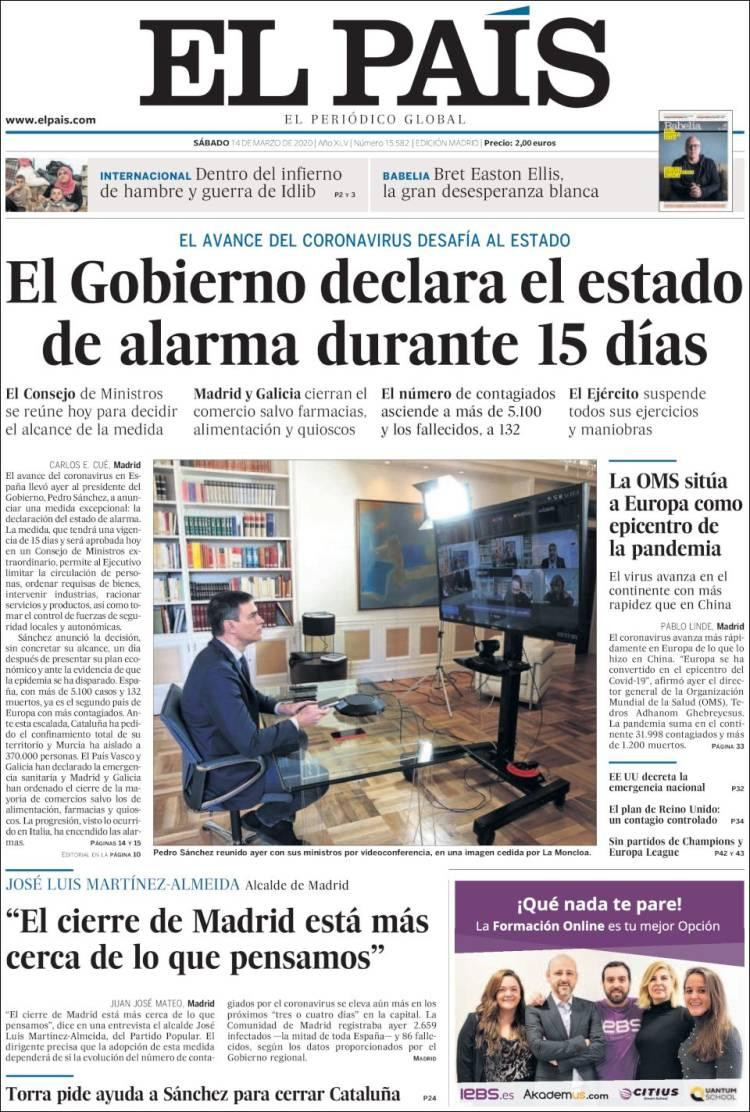 Tapa diarios, El País, sábado 14 de marzo de 2020