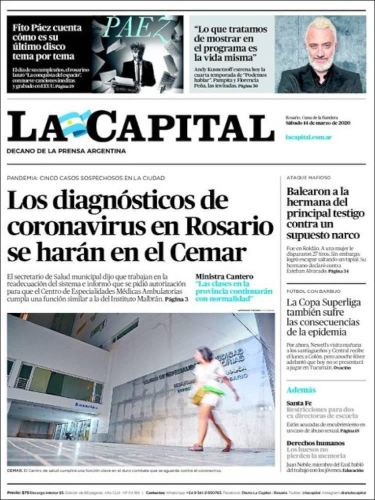 Tapa diarios, La Capital, sábado 14 de marzo de 2020