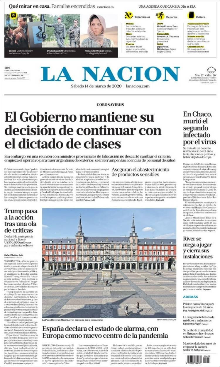 Tapa diarios, La Nación, sábado 14 de marzo de 2020