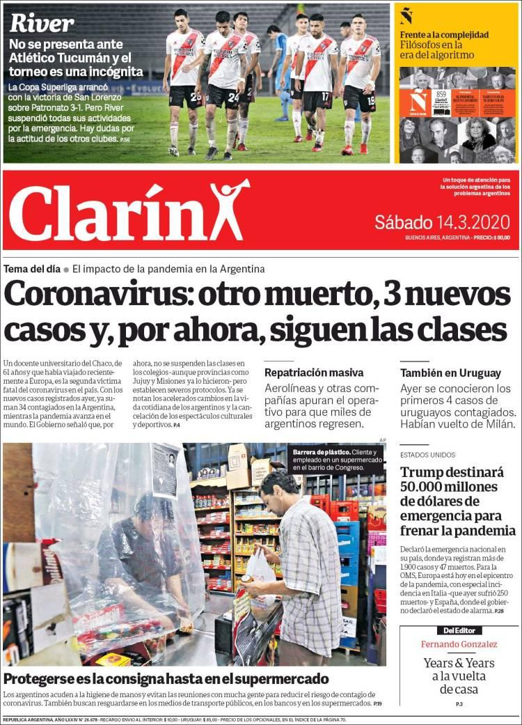 Tapa diarios, Clarín, sábado 14 de marzo de 2020