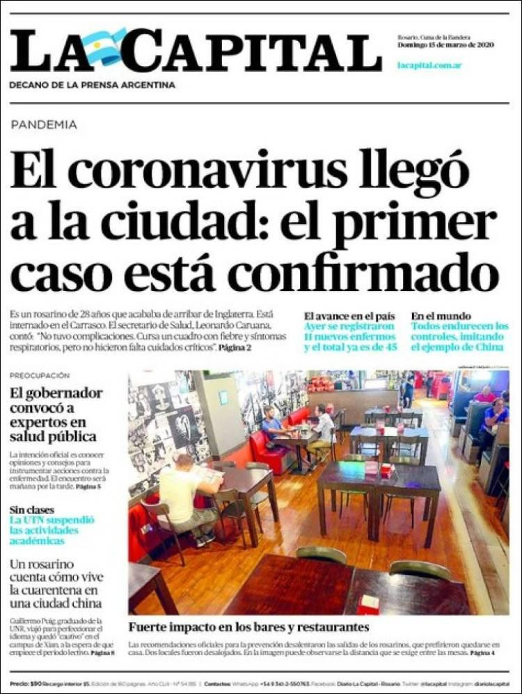 Tapas de diarios, La Capital, domingo 15 de marzo de 2020