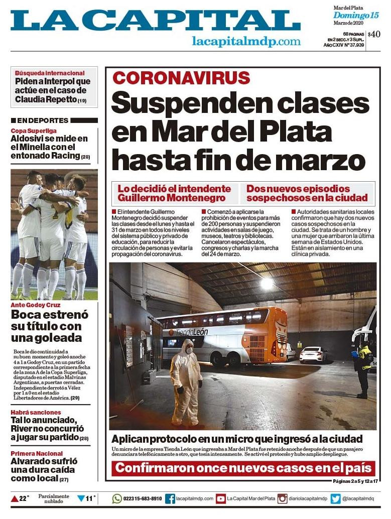 Tapas de diarios, La Capital, domingo 15 de marzo de 2020