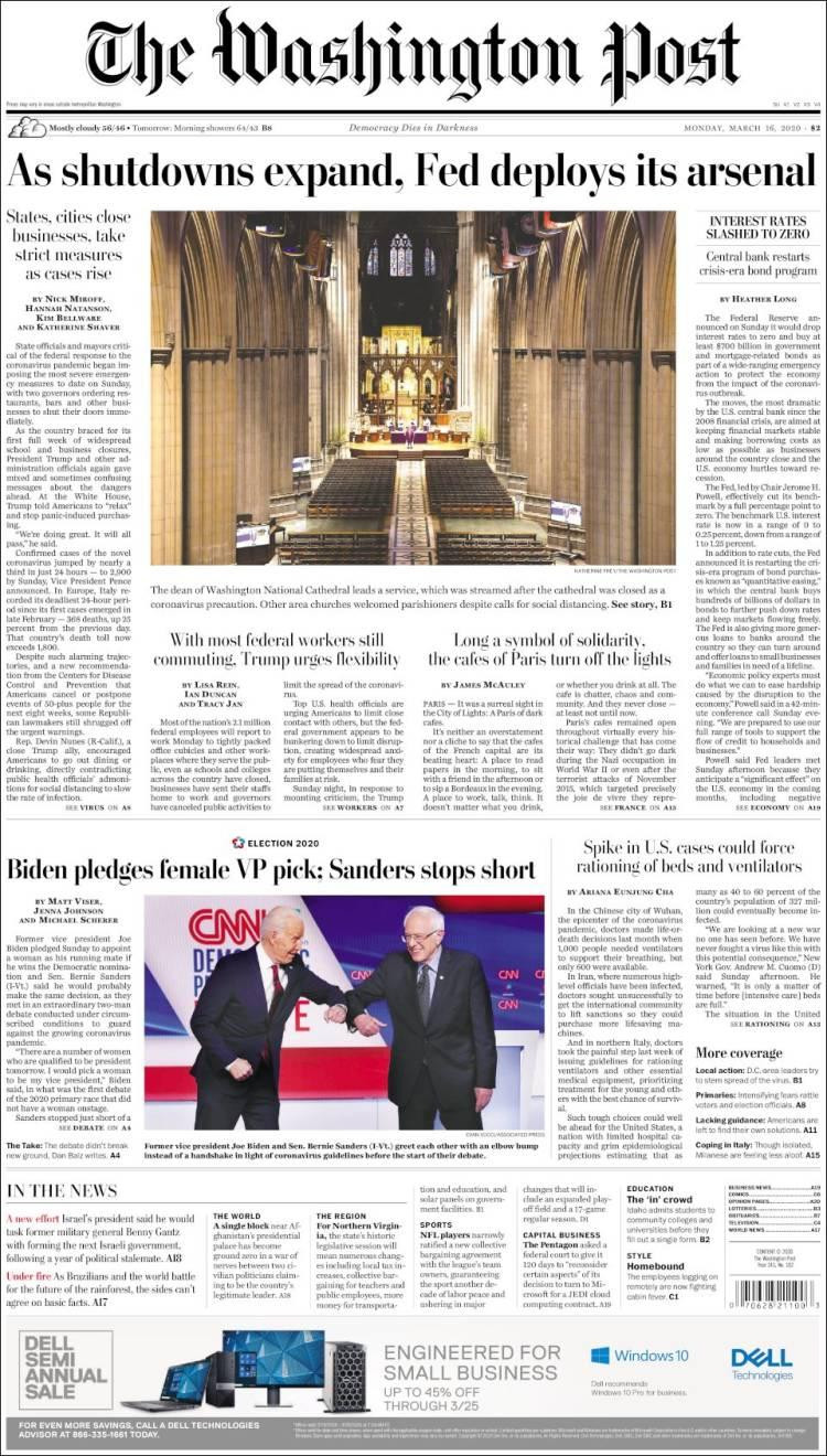 Tapa de diarios, Washington, lunes 16 de marzo de 2020