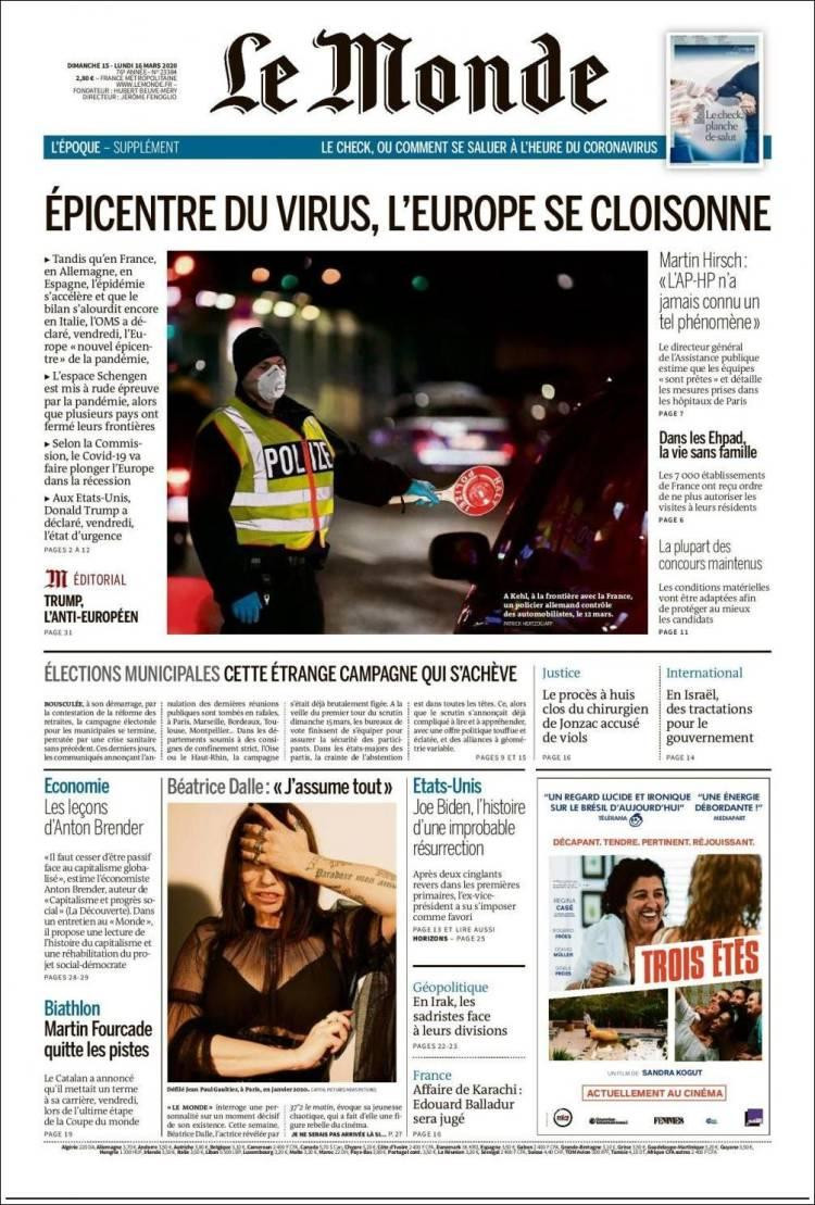 Tapa de diarios, Le Monde, lunes 16 de marzo de 2020