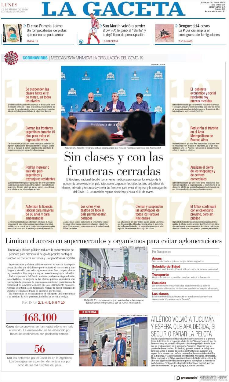 Tapa de diarios, La Gaceta, lunes 16 de marzo de 2020