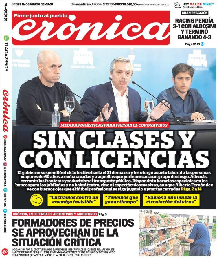 Tapa de diarios, Crónica, lunes 16 de marzo de 2020