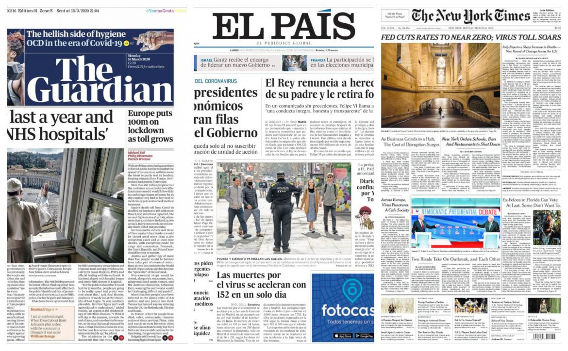 Tapa de diarios, lunes 16 de marzo de 2020