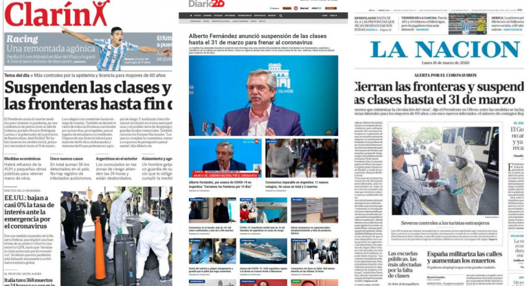 Tapa de diarios, lunes 16 de marzo de 2020