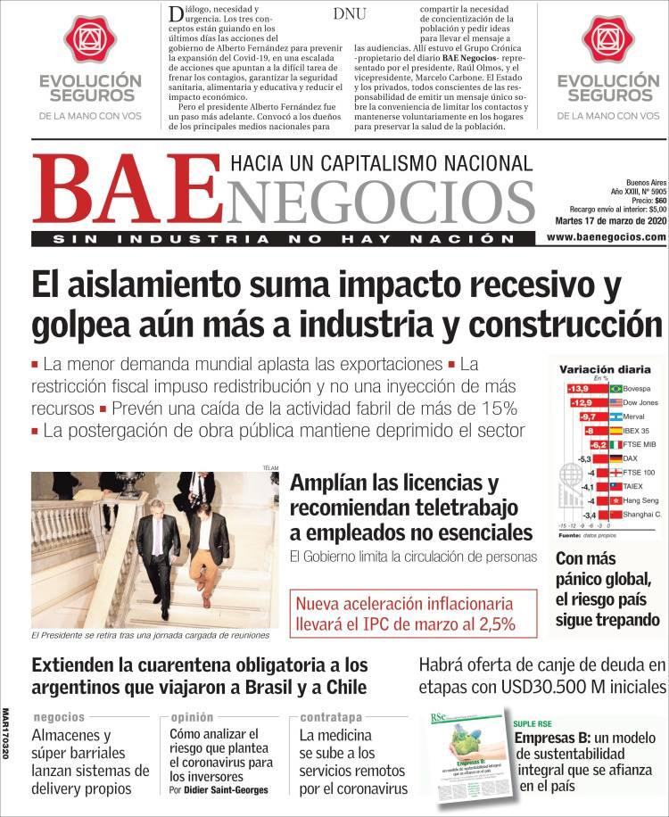 Tapas de diarios, BAE Negocios, martes 17 de marzo de 2020