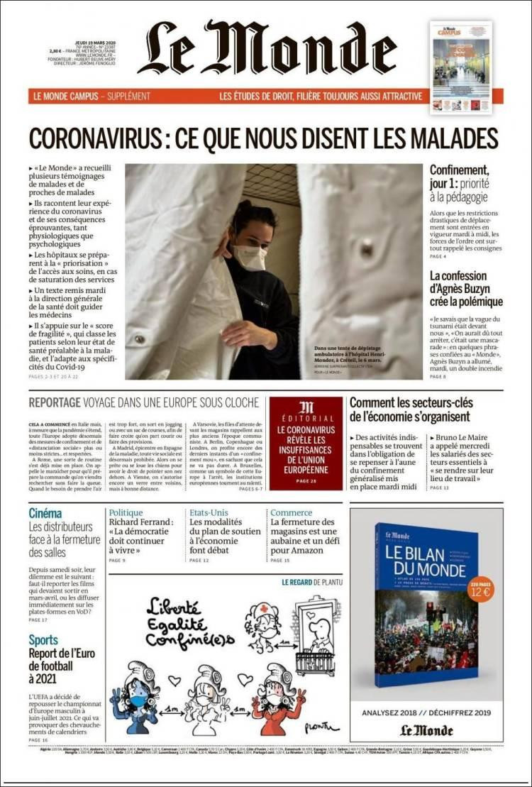 Tapas de diarios, Le Monde jueves 19 de marzo de 2020