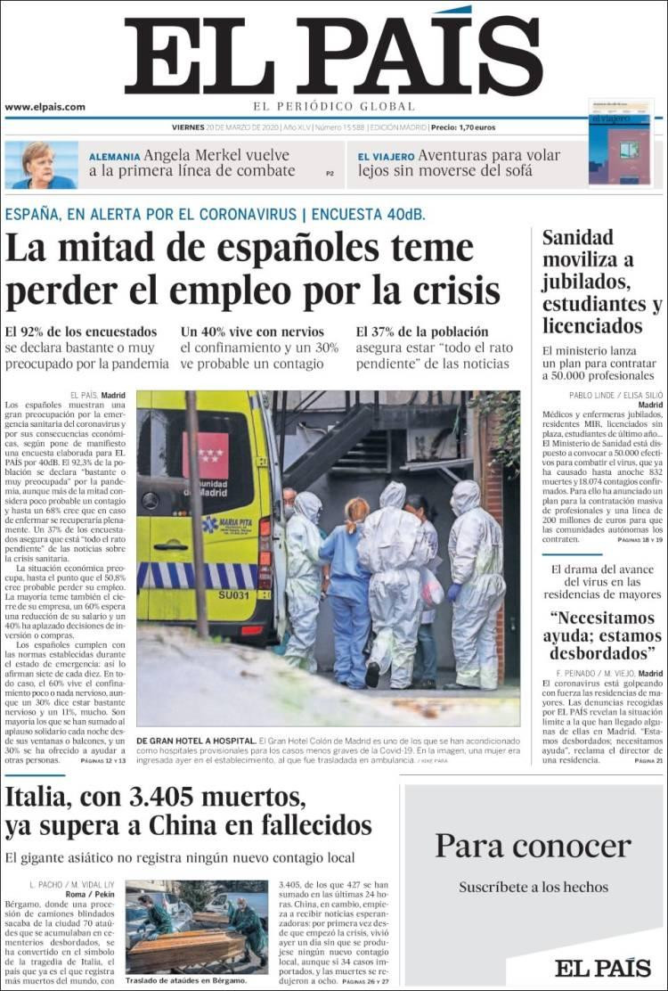 Tapas diarios, El País, viernes 20 de marzo de 2020