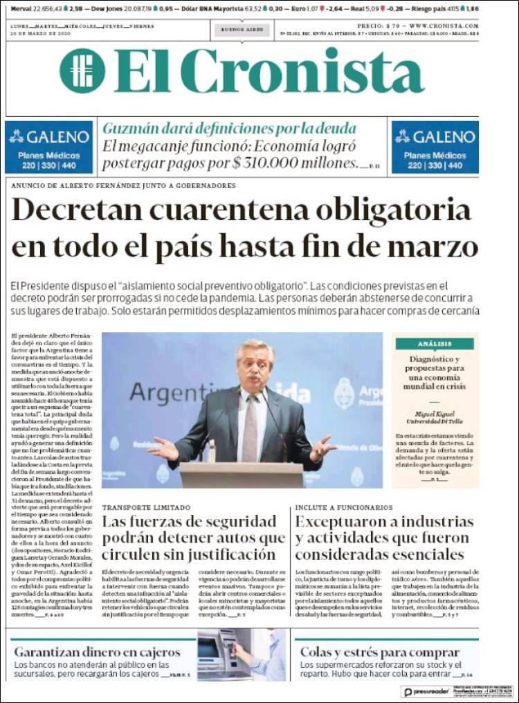 Tapas diarios, El Cronista, viernes 20 de marzo de 2020