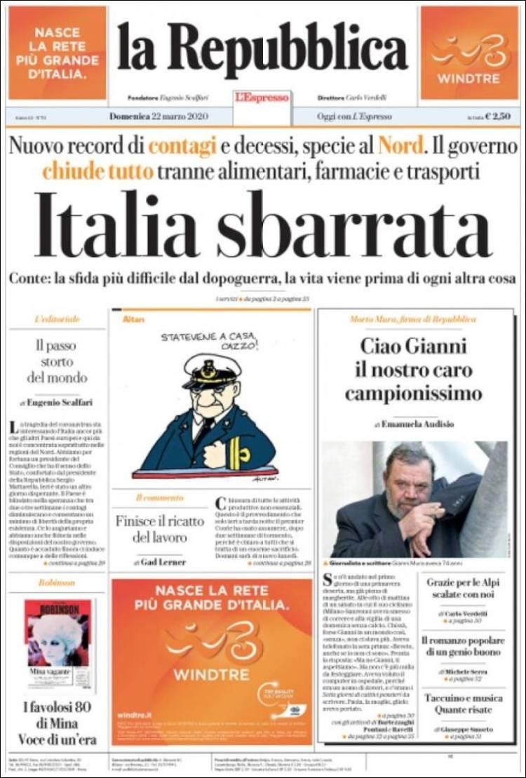 Tapas de diarios, 22 de marzo de 2020, LA REPUBBLICA