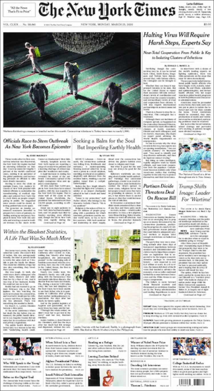 Tapas de diarios, New York Times, lunes 23 de marzo de 2020