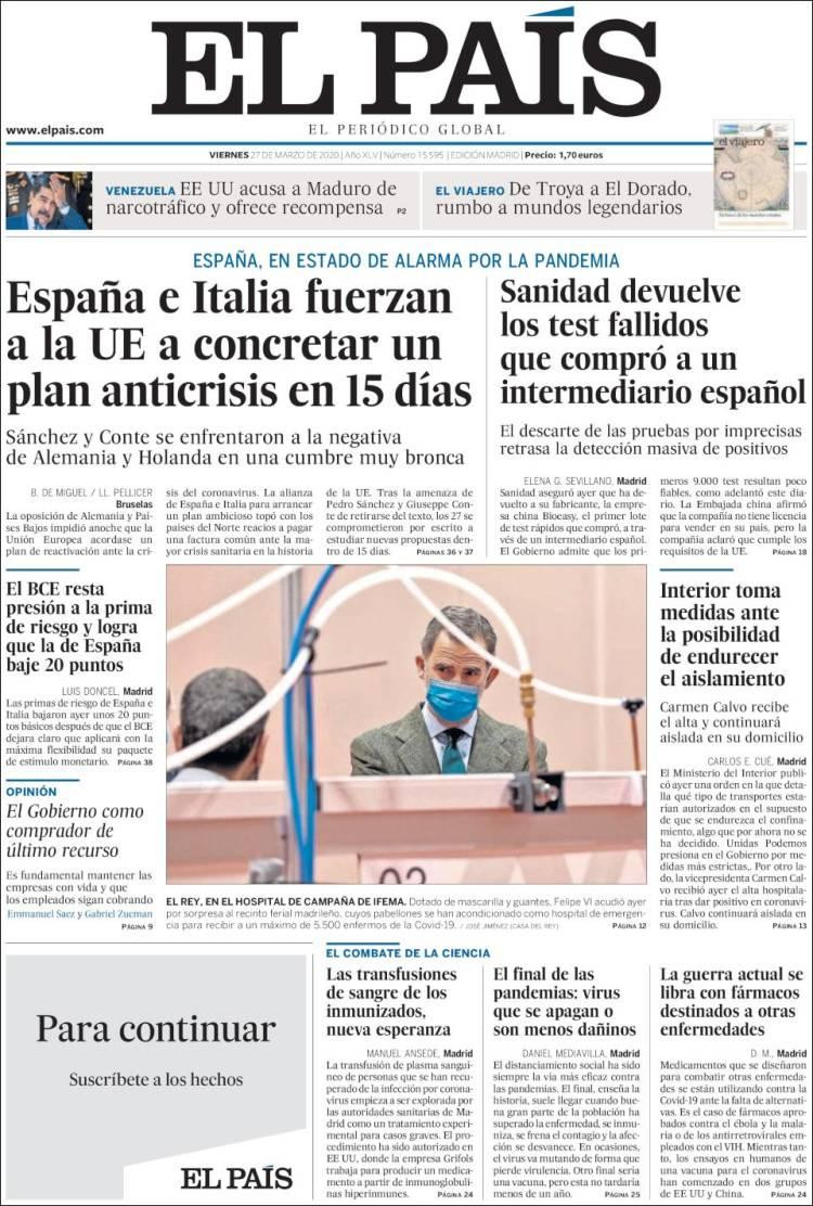 Tapas de diarios, El Pais de España, viernes 27 de marzo de 2020