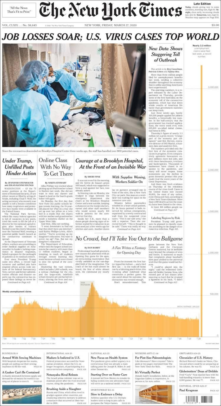 Tapas de diarios, The New York Times, viernes 27 de marzo de 2020