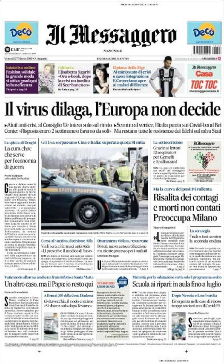 Tapas de diarios, Il Messaggero, viernes 27 de marzo de 2020